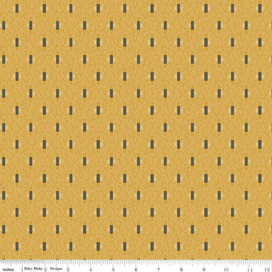 Image of Vera's Garden Dashes Gold quilting cotton fabric by Vicki McCarty for Riley Blake Designs. Features shapes on a yellow background. Cute Little Fabric Shop