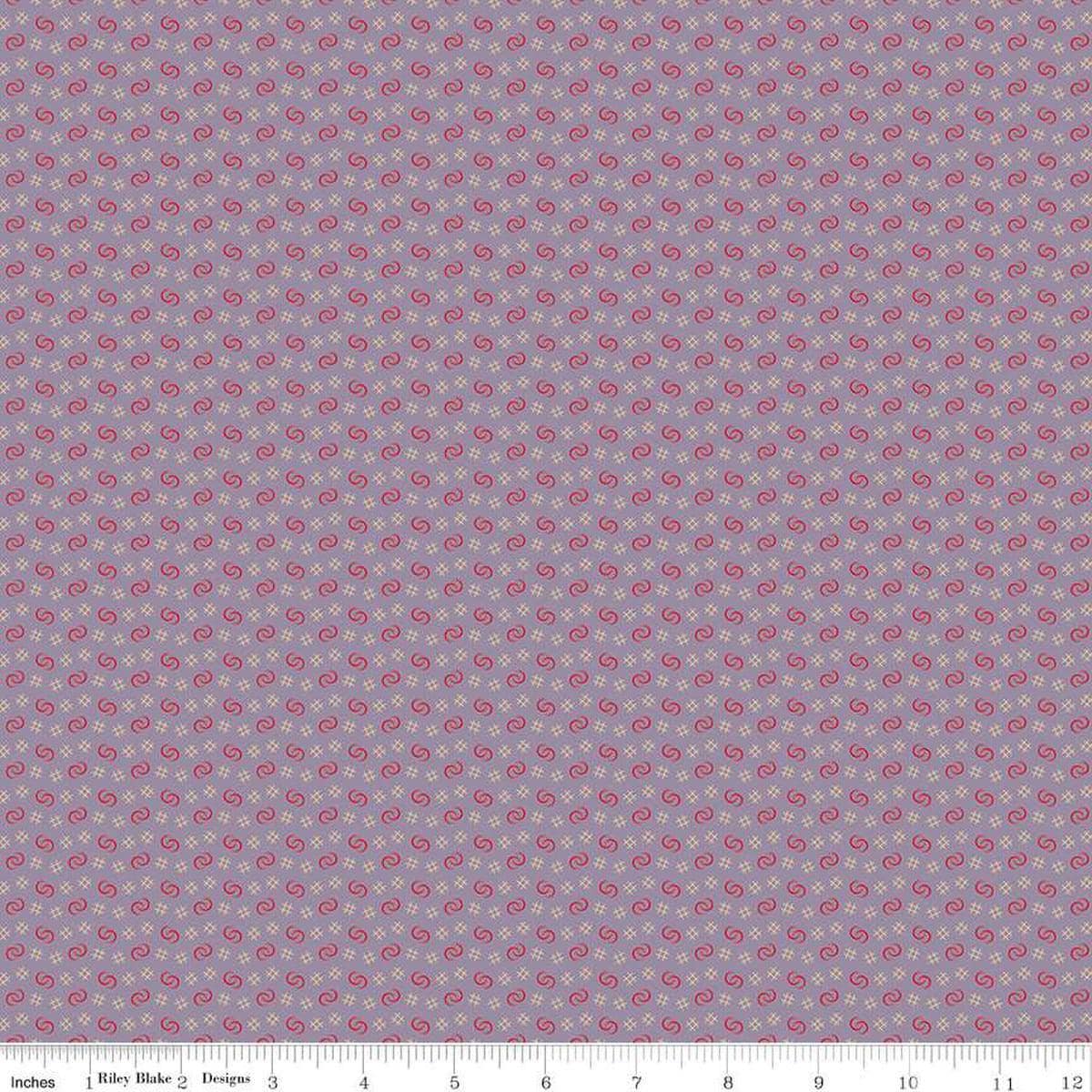 Image of Vera's Garden Circles Lavender quilting cotton fabric by Vicki McCarty for Riley Blake Designs. Features shapes on a purple background. Cute Little Fabric Shop