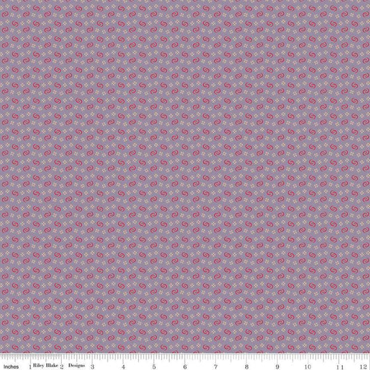 Image of Vera's Garden Circles Lavender quilting cotton fabric by Vicki McCarty for Riley Blake Designs. Features shapes on a purple background. Cute Little Fabric Shop