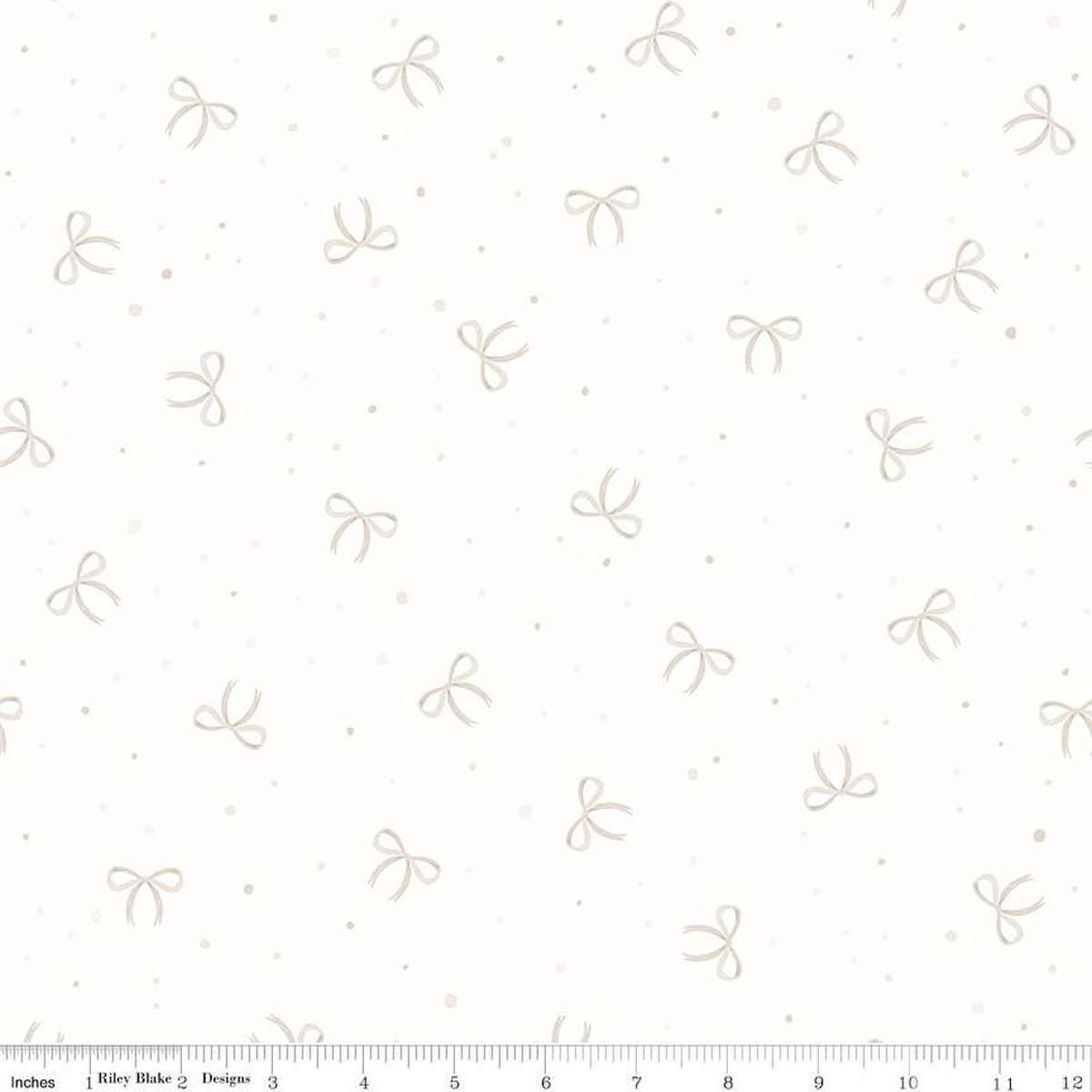 Image of Hush Hush 5 Peek-A-Bow quilting cotton fabric by Assorted Designers for Riley Blake Designs. Features bows on an off-white background. Cute Little Fabric Shop.