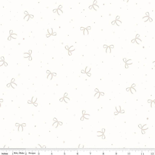 Image of Hush Hush 5 Peek-A-Bow quilting cotton fabric by Assorted Designers for Riley Blake Designs. Features bows on an off-white background. Cute Little Fabric Shop.