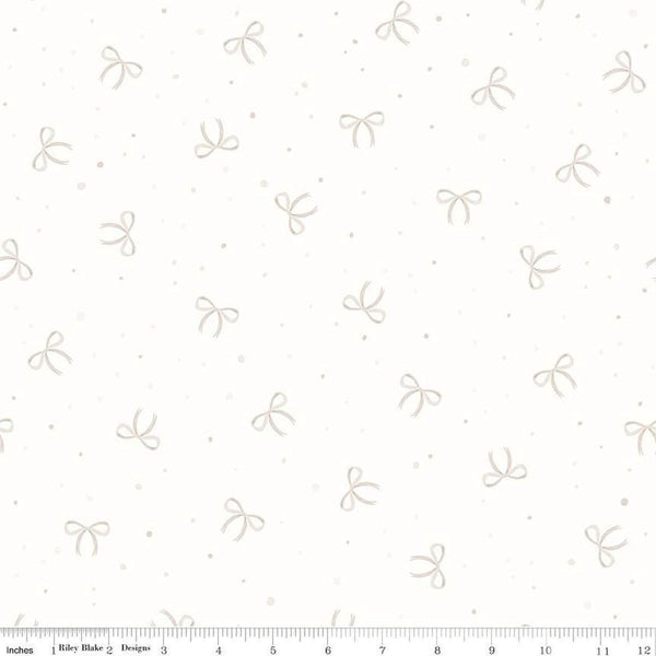 Image of Hush Hush 5 Peek-A-Bow quilting cotton fabric by Assorted Designers for Riley Blake Designs. Features bows on an off-white background. Cute Little Fabric Shop.