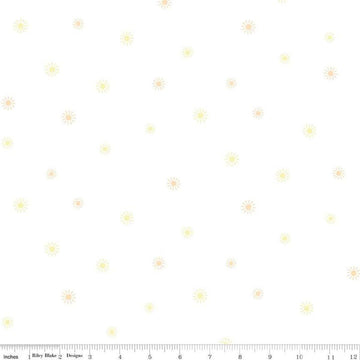Image of Hush Hush 5 Sunny Days quilting cotton fabric by Assorted Designers for Riley Blake Designs. Features suns on an off-white background. Cute Little Fabric Shop.