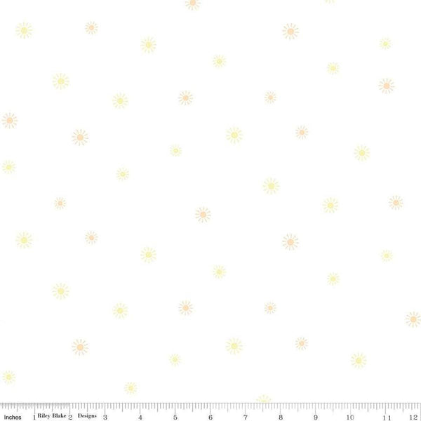 Image of Hush Hush 5 Sunny Days quilting cotton fabric by Assorted Designers for Riley Blake Designs. Features suns on an off-white background. Cute Little Fabric Shop.