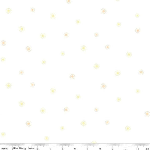 Image of Hush Hush 5 Sunny Days quilting cotton fabric by Assorted Designers for Riley Blake Designs. Features suns on an off-white background. Cute Little Fabric Shop.