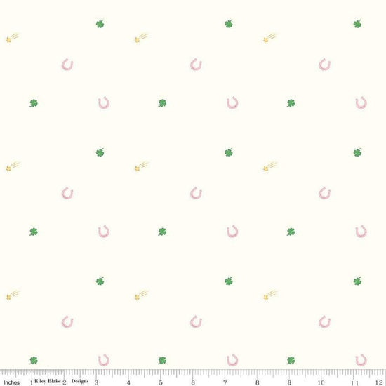 Image of Hush Hush 5 Lucky Charms quilting cotton fabric by Assorted Designers for Riley Blake Designs. Features shapes on an off-white background. Cute Little Fabric Shop.