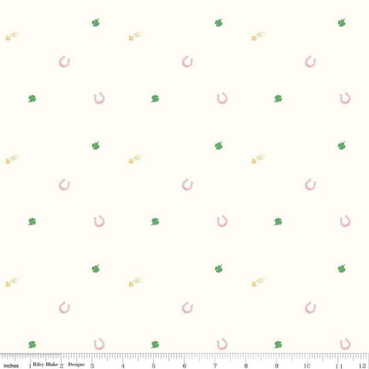 Image of Hush Hush 5 Lucky Charms quilting cotton fabric by Assorted Designers for Riley Blake Designs. Features shapes on an off-white background. Cute Little Fabric Shop.