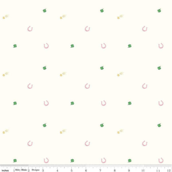 Image of Hush Hush 5 Lucky Charms quilting cotton fabric by Assorted Designers for Riley Blake Designs. Features shapes on an off-white background. Cute Little Fabric Shop.