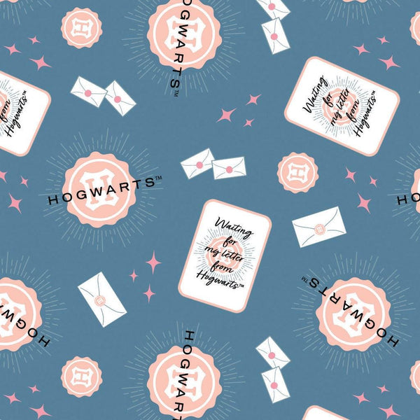 Image of Harry Potter Mystical Winter Wonder Hogwarts Letter Blue by Warner Brothers Official Licensing for Camelot Fabrics. Features letters on a blue background. Cute Little Fabric Shop