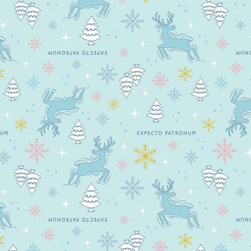 Image of Harry Potter Mystical Winter Wonder Icy Patronus Light Blue by Warner Brothers Official Licensing for Camelot Fabrics. Features patronuses on a blue background. Cute Little Fabric Shop