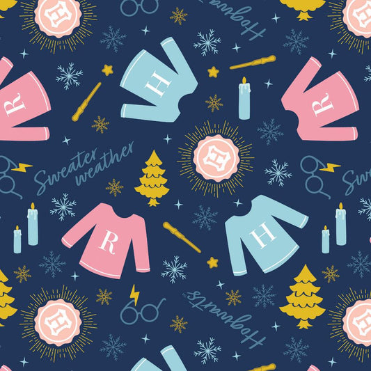 Image of Harry Potter Mystical Winter Wonder Sweater Weather Navy by Warner Brothers Official Licensing for Camelot Fabrics. Features sweaters on a blue background. Cute Little Fabric Shop