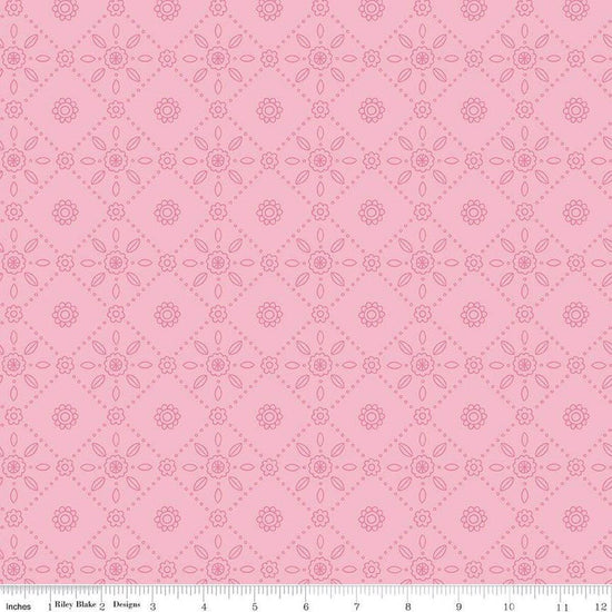 Image of Little Darlin' Fold Tile Pink quilting cotton fabric by the RBD Designers for Riley Blake Designs. Features shapes on a pink background. Cute Little Fabric Shop