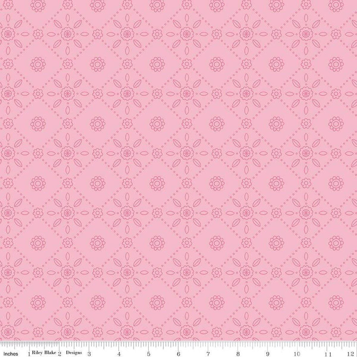 Image of Little Darlin' Fold Tile Pink quilting cotton fabric by the RBD Designers for Riley Blake Designs. Features shapes on a pink background. Cute Little Fabric Shop