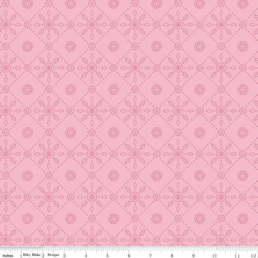 Image of Little Darlin' Fold Tile Pink quilting cotton fabric by the RBD Designers for Riley Blake Designs. Features shapes on a pink background. Cute Little Fabric Shop