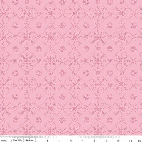 Image of Little Darlin&#39; Fold Tile Pink quilting cotton fabric by the RBD Designers for Riley Blake Designs. Features shapes on a pink background. Cute Little Fabric Shop