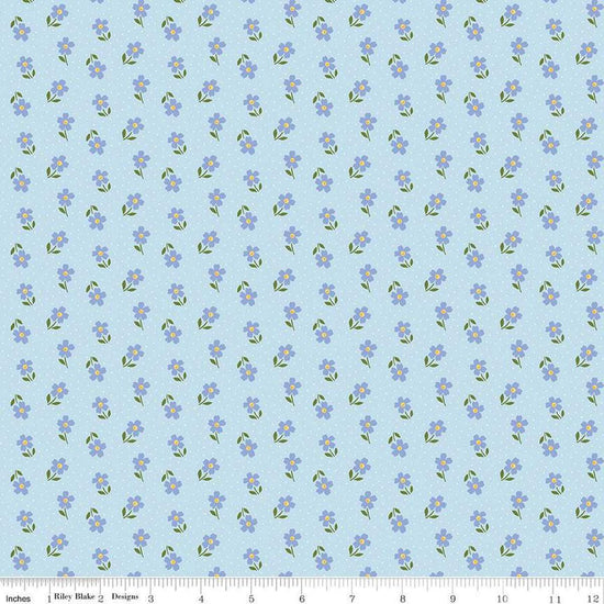 Image of Little Darlin' Ditsy Blue quilting cotton fabric by the RBD Designers for Riley Blake Designs. Features flowers on a blue background. Cute Little Fabric Shop