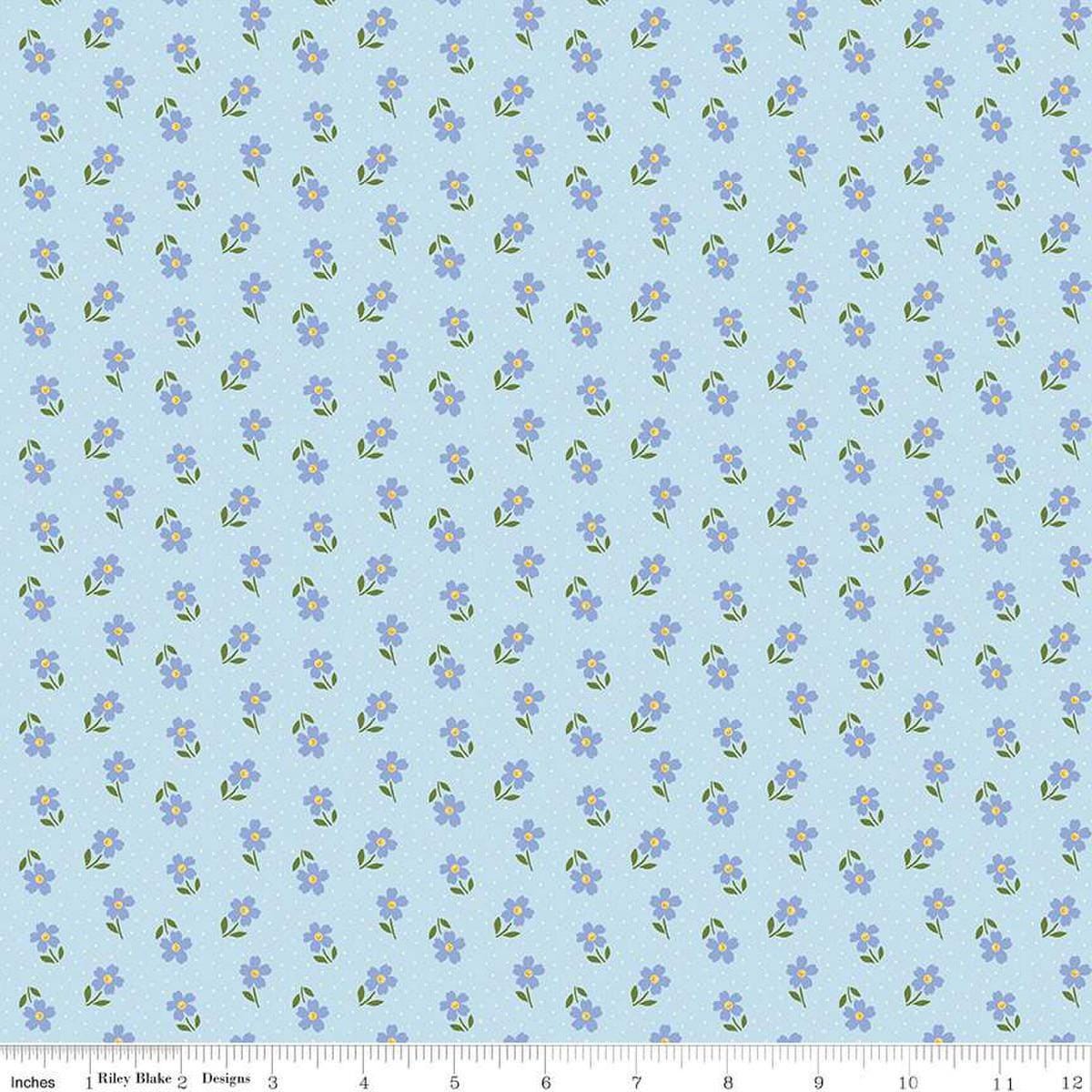 Image of Little Darlin' Ditsy Blue quilting cotton fabric by the RBD Designers for Riley Blake Designs. Features flowers on a blue background. Cute Little Fabric Shop
