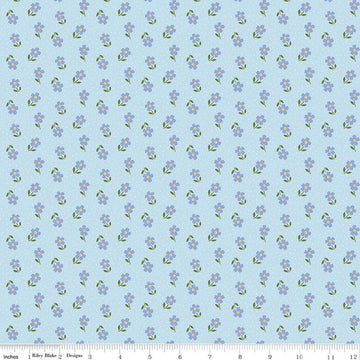 Image of Little Darlin' Ditsy Blue quilting cotton fabric by the RBD Designers for Riley Blake Designs. Features flowers on a blue background. Cute Little Fabric Shop