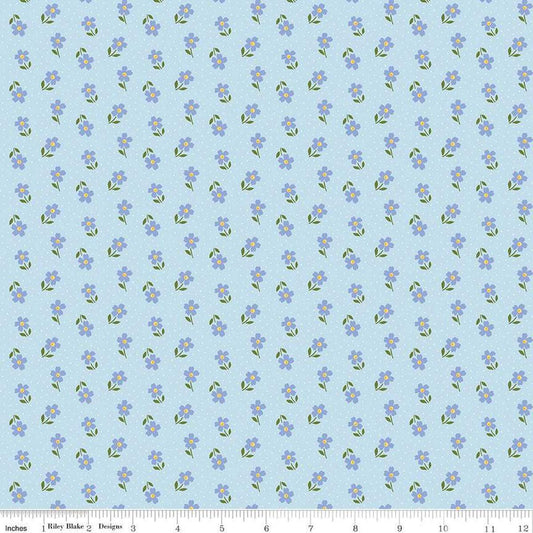 Image of Little Darlin' Ditsy Blue quilting cotton fabric by the RBD Designers for Riley Blake Designs. Features flowers on a blue background. Cute Little Fabric Shop