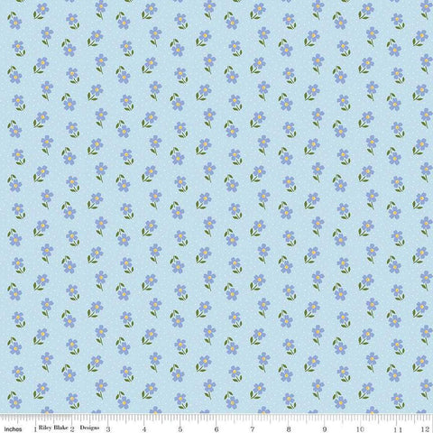 Image of Little Darlin&#39; Ditsy Blue quilting cotton fabric by the RBD Designers for Riley Blake Designs. Features flowers on a blue background. Cute Little Fabric Shop