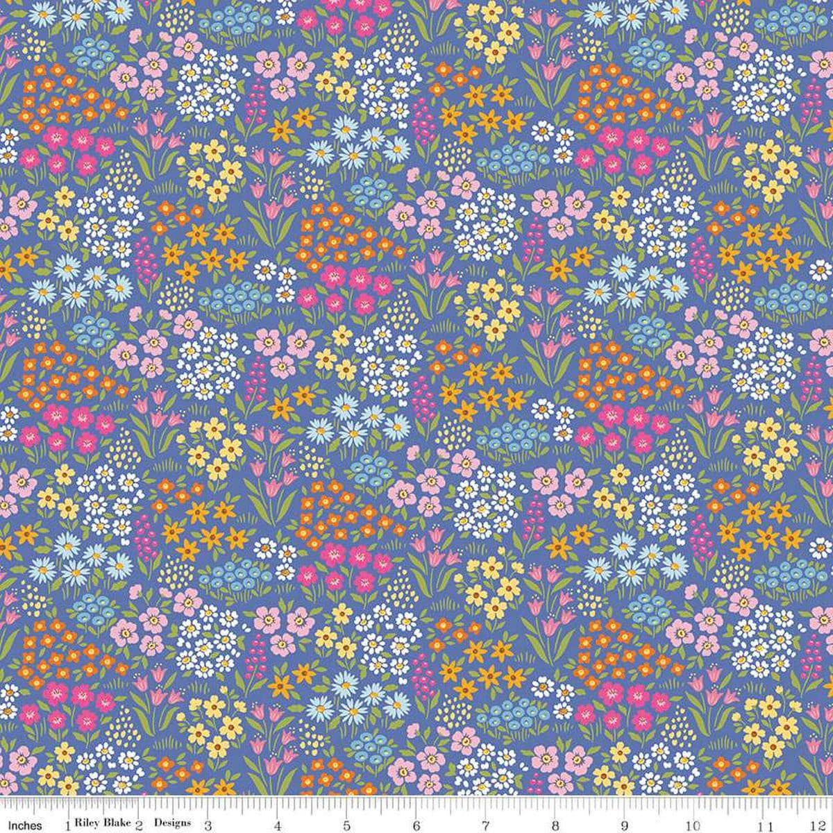 Image of Little Darlin' Floral Fields Periwinkle quilting cotton fabric by the RBD Designers for Riley Blake Designs. Features flowers on a purple background. Cute Little Fabric Shop