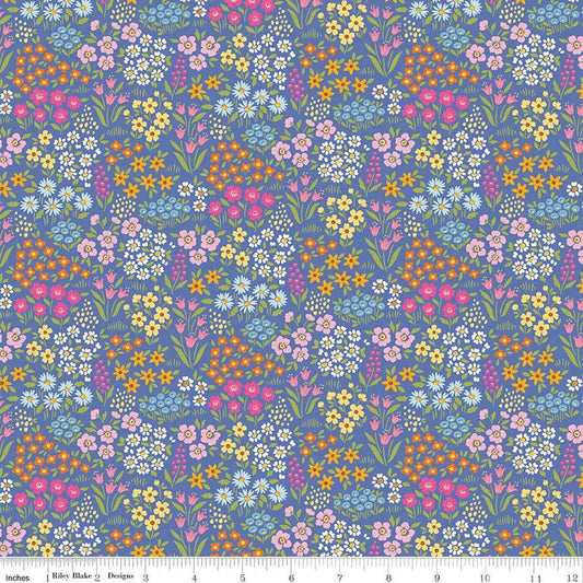 Image of Little Darlin' Floral Fields Periwinkle quilting cotton fabric by the RBD Designers for Riley Blake Designs. Features flowers on a purple background. Cute Little Fabric Shop