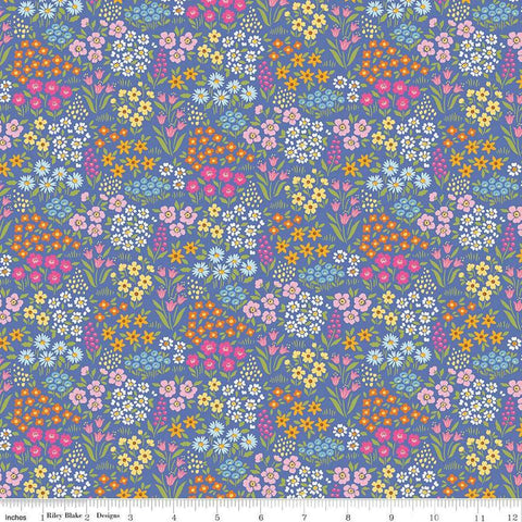 Image of Little Darlin&#39; Floral Fields Periwinkle quilting cotton fabric by the RBD Designers for Riley Blake Designs. Features flowers on a purple background. Cute Little Fabric Shop