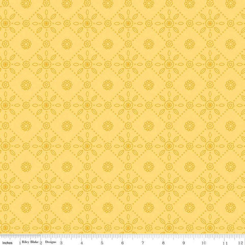 Image of Little Darlin&#39; Folk Tile Yellow quilting cotton fabric by the RBD Designers for Riley Blake Designs. Features shapes on a yellow background. Cute Little Fabric Shop