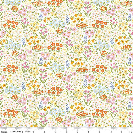 Image of Little Darlin' Floral Fields Cream quilting cotton fabric by the RBD Designers for Riley Blake Designs. Features flowers on a cream background. Cute Little Fabric Shop