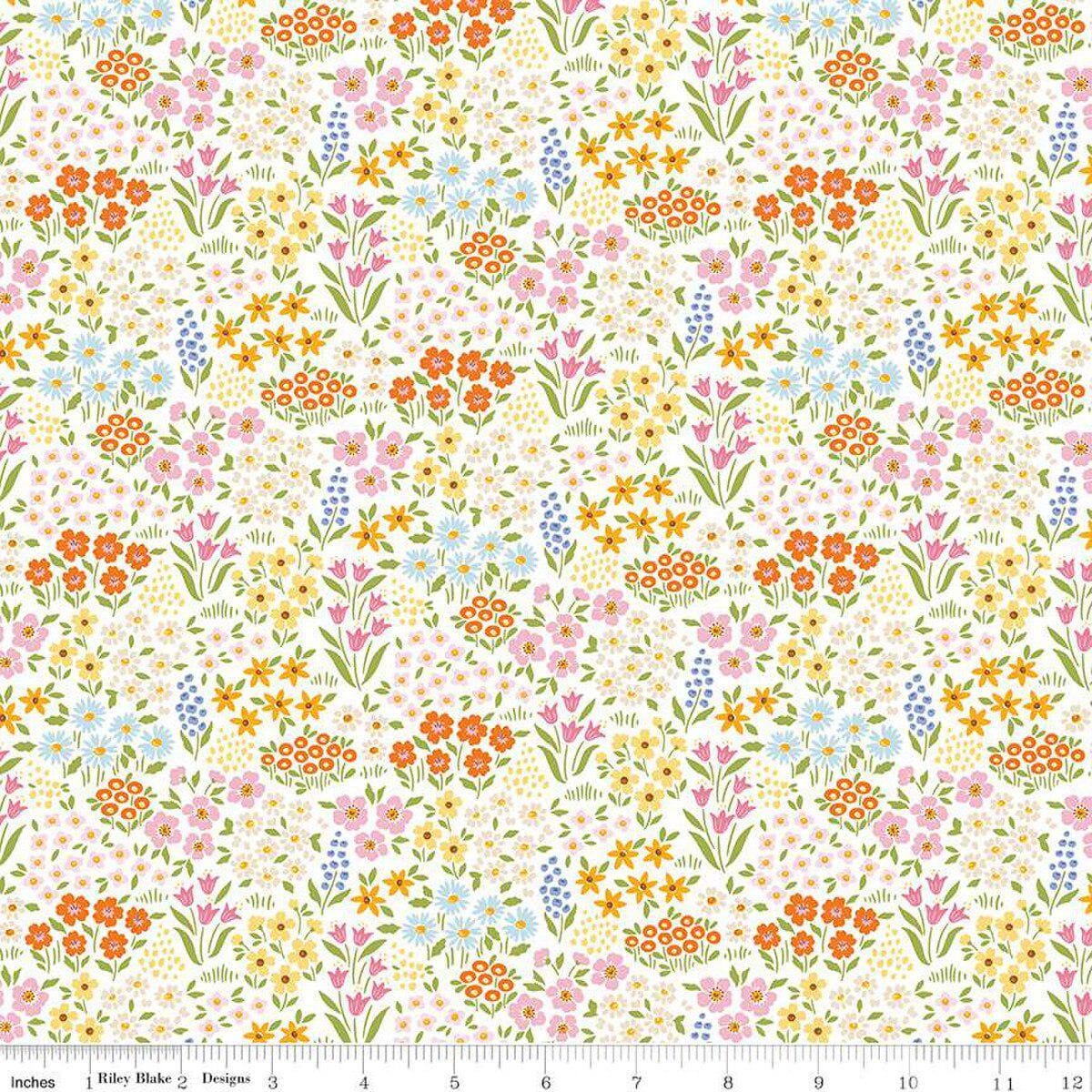 Image of Little Darlin' Floral Fields Cream quilting cotton fabric by the RBD Designers for Riley Blake Designs. Features flowers on a cream background. Cute Little Fabric Shop