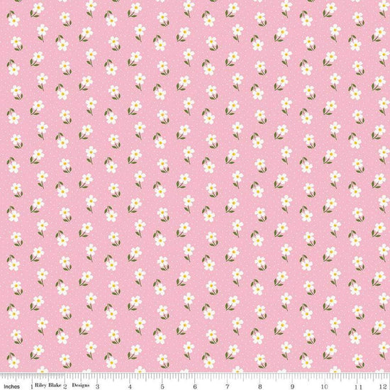 Image of Little Darlin' Ditsy Pink quilting cotton fabric by the RBD Designers for Riley Blake Designs. Features flowers on a pink background. Cute Little Fabric Shop
