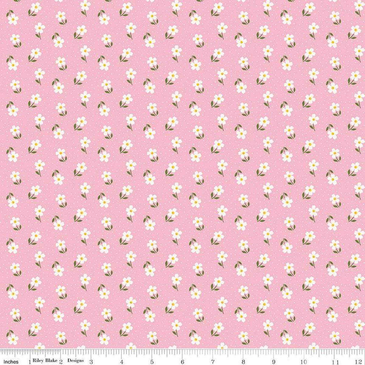 Image of Little Darlin' Ditsy Pink quilting cotton fabric by the RBD Designers for Riley Blake Designs. Features flowers on a pink background. Cute Little Fabric Shop