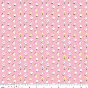 Image of Little Darlin' Ditsy Pink quilting cotton fabric by the RBD Designers for Riley Blake Designs. Features flowers on a pink background. Cute Little Fabric Shop