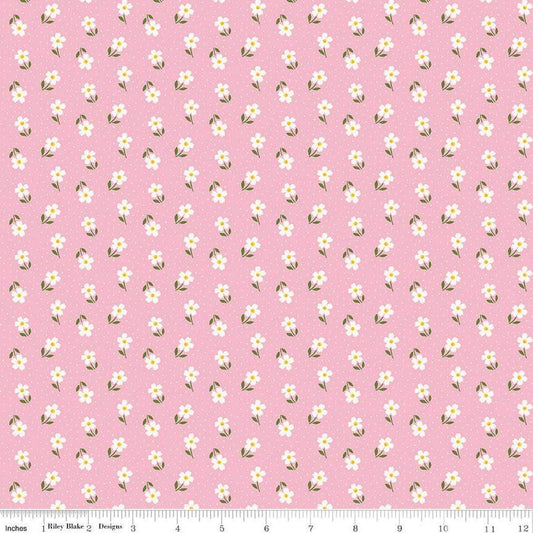 Image of Little Darlin' Ditsy Pink quilting cotton fabric by the RBD Designers for Riley Blake Designs. Features flowers on a pink background. Cute Little Fabric Shop