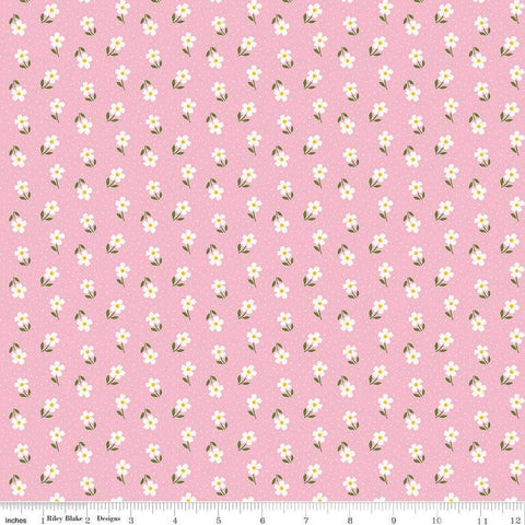 Image of Little Darlin&#39; Ditsy Pink quilting cotton fabric by the RBD Designers for Riley Blake Designs. Features flowers on a pink background. Cute Little Fabric Shop