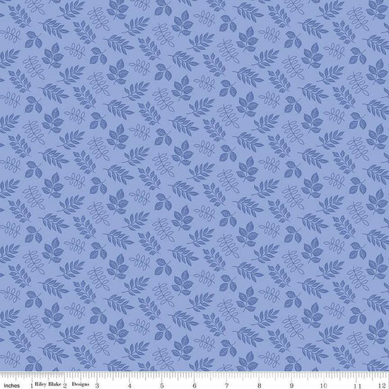 Image of Little Darlin' Leaves Periwinkle quilting cotton fabric by the RBD Designers for Riley Blake Designs. Features leaves on a purple background. Cute Little Fabric Shop
