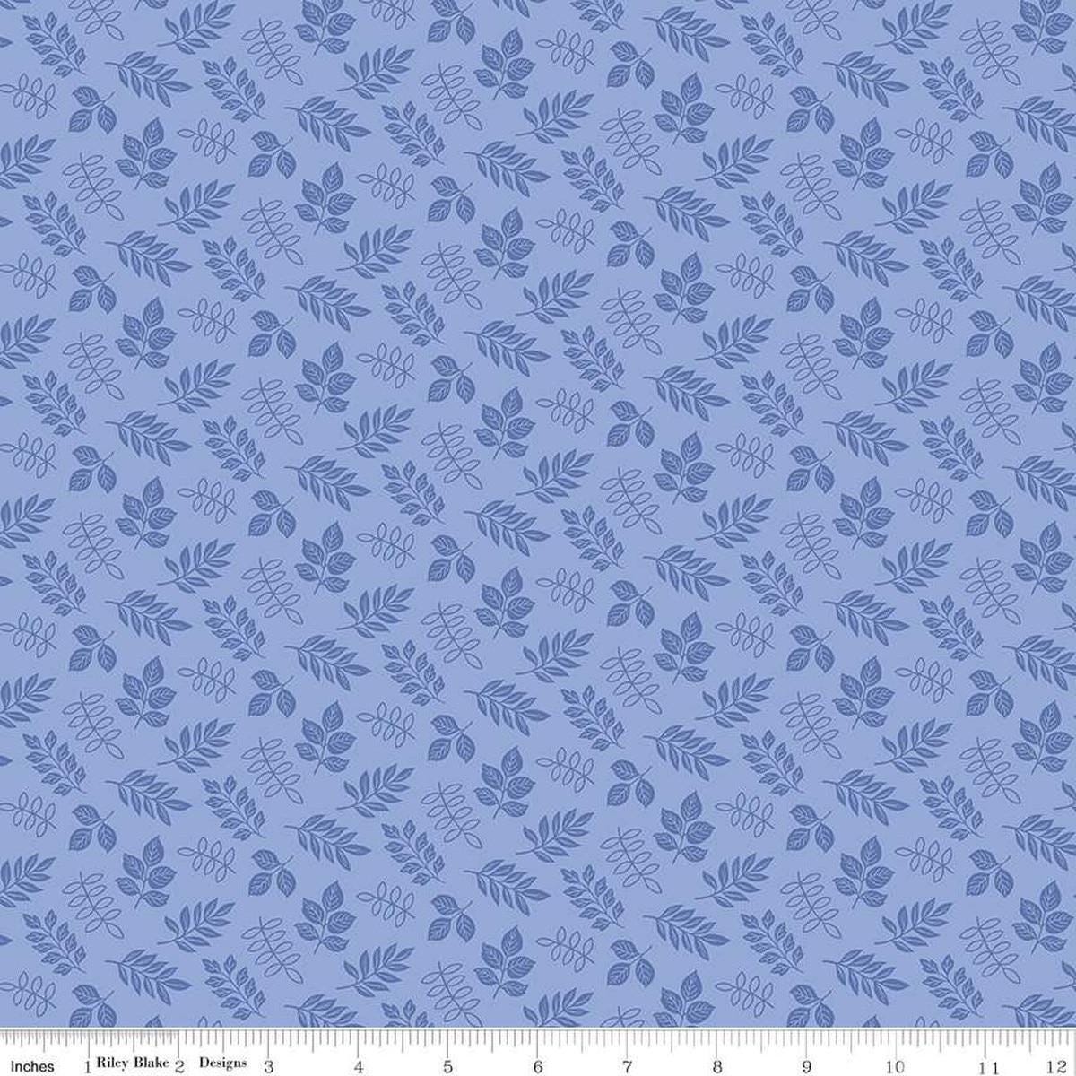 Image of Little Darlin' Leaves Periwinkle quilting cotton fabric by the RBD Designers for Riley Blake Designs. Features leaves on a purple background. Cute Little Fabric Shop