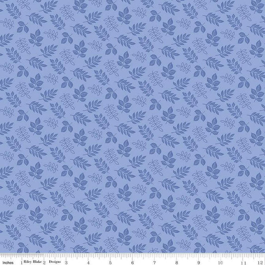Image of Little Darlin' Leaves Periwinkle quilting cotton fabric by the RBD Designers for Riley Blake Designs. Features leaves on a purple background. Cute Little Fabric Shop