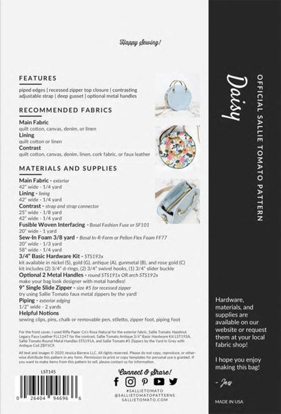 SALE Daisy Bag PATTERN P210 by Sallie Tomato - Riley Blake Designs - INSTRUCTIONS Only - Round Bag With Strap - Requires Hardware Kit