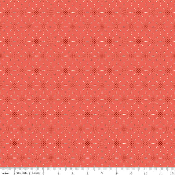 Image of Thimbelina & The Sewing Fairies Fairy Stitching Dust Nectar quilting cotton fabric by Jennifer Long for Riley Blake Designs. Features shapes on a red background. Cute Little Fabric Shop