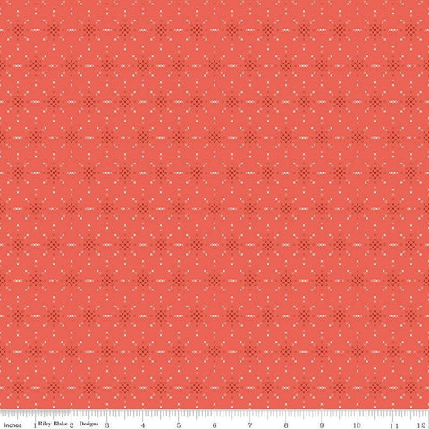 Image of Thimbelina & The Sewing Fairies Fairy Stitching Dust Nectar quilting cotton fabric by Jennifer Long for Riley Blake Designs. Features shapes on a red background. Cute Little Fabric Shop