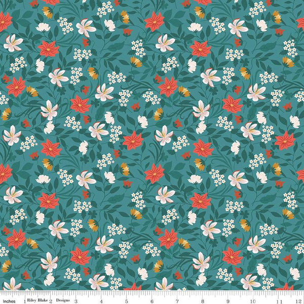 Image of Thimbelina & The Sewing Fairies Garden Rain quilting cotton fabric by Jennifer Long for Riley Blake Designs. Features flowers on a blue background. Cute Little Fabric Shop
