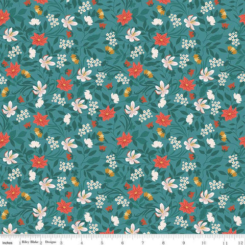 Image of Thimbelina & The Sewing Fairies Garden Rain quilting cotton fabric by Jennifer Long for Riley Blake Designs. Features flowers on a blue background. Cute Little Fabric Shop