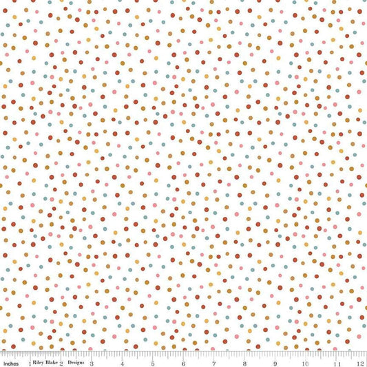 Image of Thimbelina & The Sewing Fairies Dotty Cloud quilting cotton fabric by Jennifer Long for Riley Blake Designs. Features dots on an off-white background. Cute Little Fabric Shop
