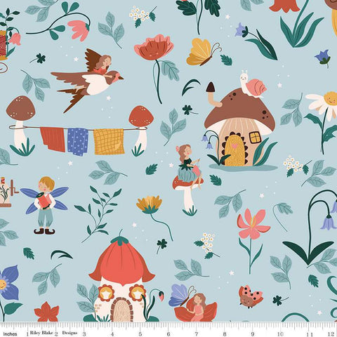 Image of Thimbelina & The Sewing Fairies Main Mist quilting cotton fabric by Jennifer Long for Riley Blake Designs. Features fairies on a blue background. Cute Little Fabric Shop