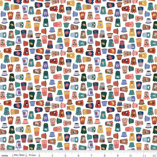 Image of Thimbelina & The Sewing Fairies Thimble Collection Cloud quilting cotton fabric by Jennifer Long for Riley Blake Designs. Features thimbles on a white background. Cute Little Fabric Shop