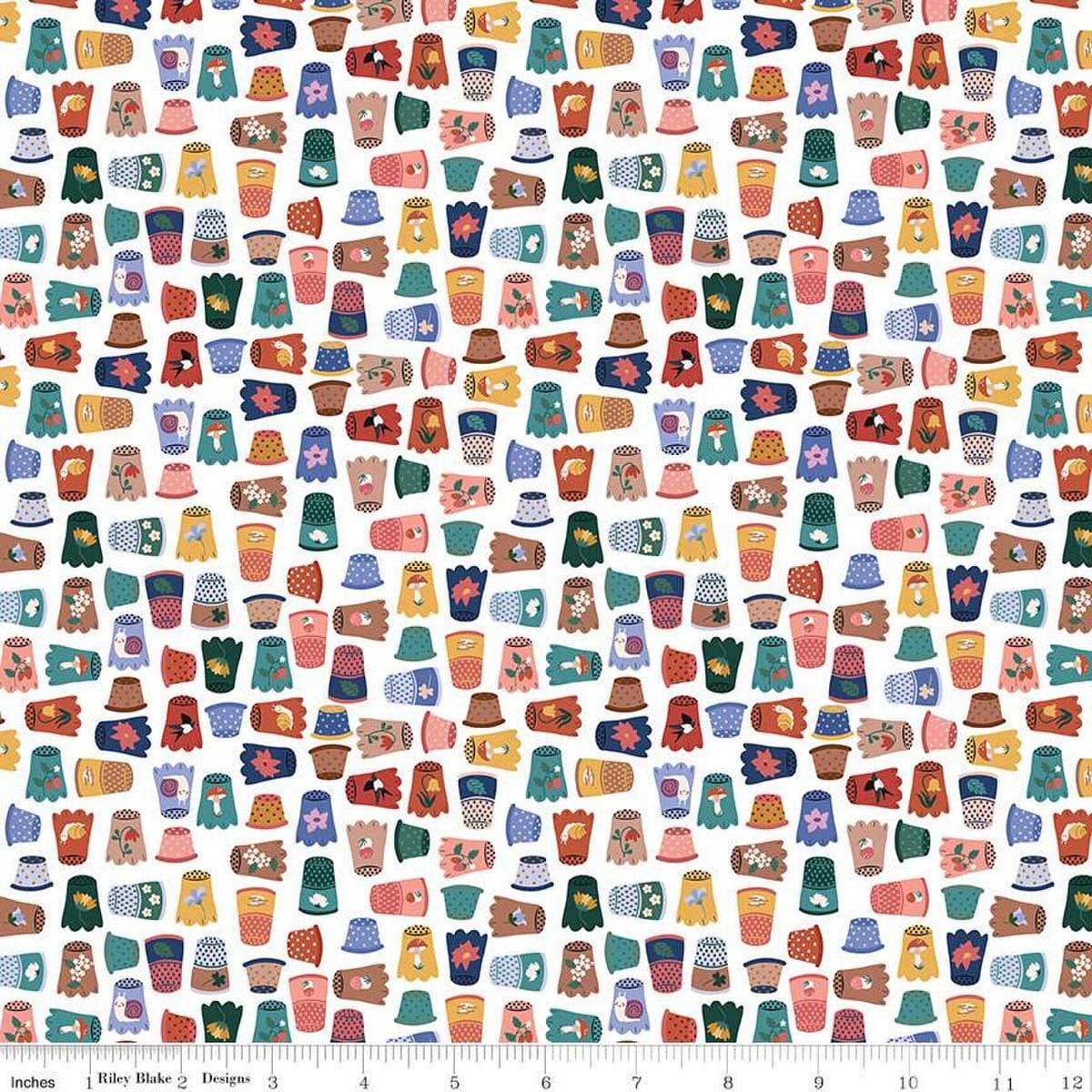 Image of Thimbelina & The Sewing Fairies Thimble Collection Cloud quilting cotton fabric by Jennifer Long for Riley Blake Designs. Features thimbles on a white background. Cute Little Fabric Shop