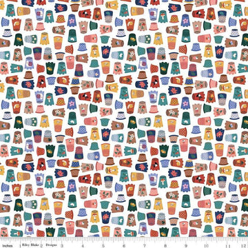 Image of Thimbelina & The Sewing Fairies Thimble Collection Cloud quilting cotton fabric by Jennifer Long for Riley Blake Designs. Features thimbles on a white background. Cute Little Fabric Shop