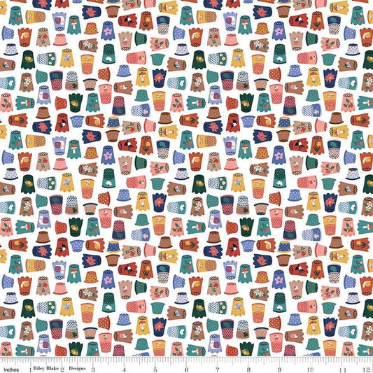 Image of Thimbelina & The Sewing Fairies Thimble Collection Cloud quilting cotton fabric by Jennifer Long for Riley Blake Designs. Features thimbles on a white background. Cute Little Fabric Shop