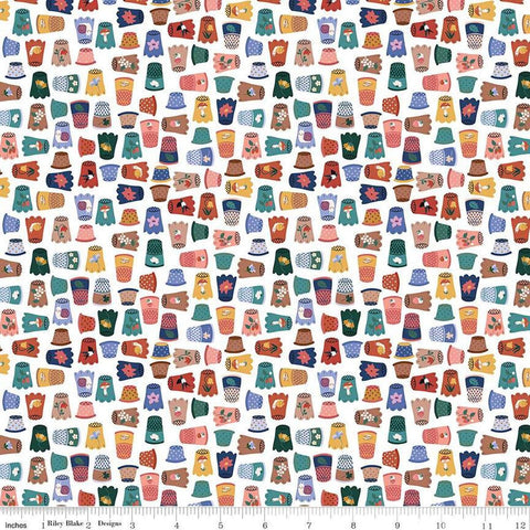 Image of Thimbelina & The Sewing Fairies Thimble Collection Cloud quilting cotton fabric by Jennifer Long for Riley Blake Designs. Features thimbles on a white background. Cute Little Fabric Shop